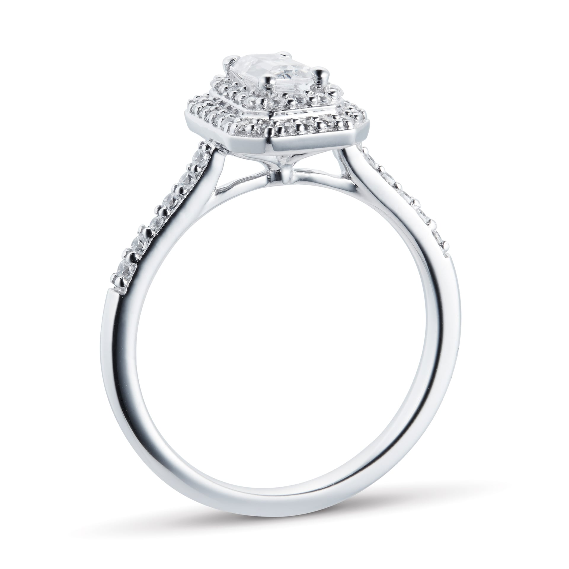 Goldsmiths 18ct White Gold 0.60cttw Diamond Emerald Cut Double Halo Ring Goldsmiths 18ct White Gold 0.60cttw Diamond Emerald Cut Double Halo Ring