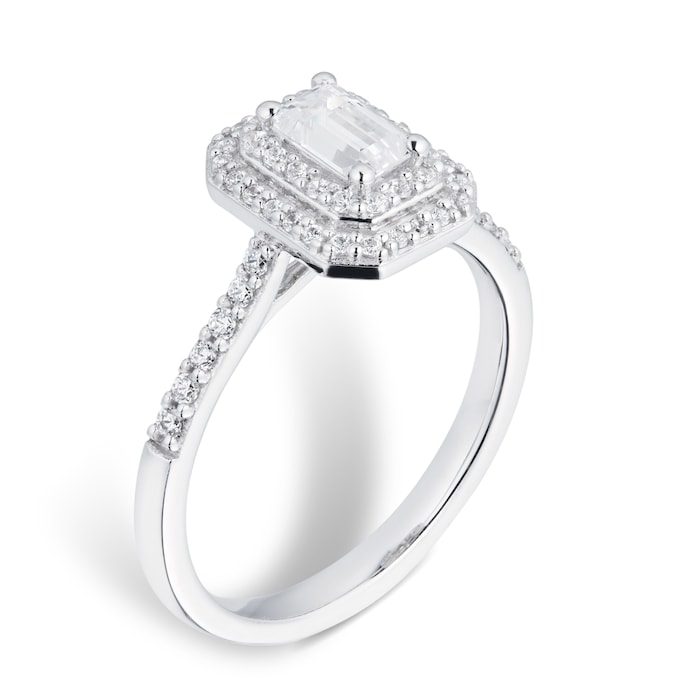 Goldsmiths 18ct White Gold 0.60cttw Diamond Emerald Cut Double Halo Ring