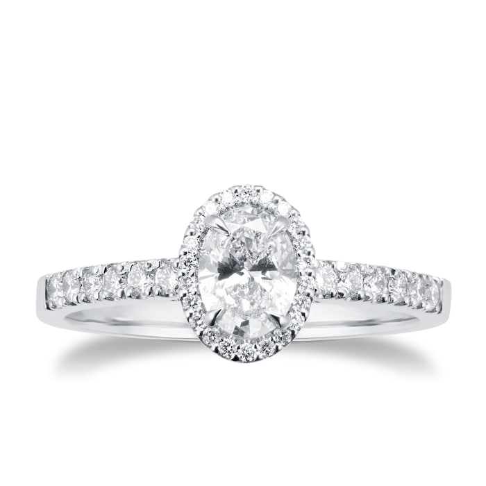 Goldsmiths Platinum 0.72ct Brilliant Cut Diamond Oval Cut Halo Ring