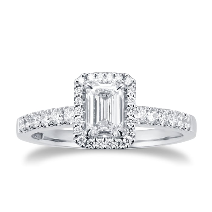 Goldsmiths Platinum 0.72ct Emerald Cut Diamond Cushion Cut Halo Ring