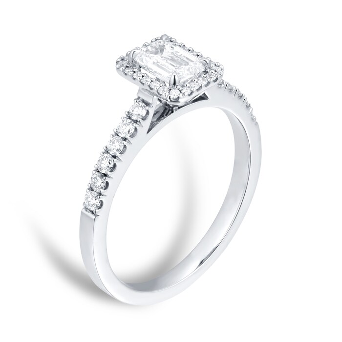 Goldsmiths Platinum 0.72ct Emerald Cut Diamond Cushion Cut Halo Ring