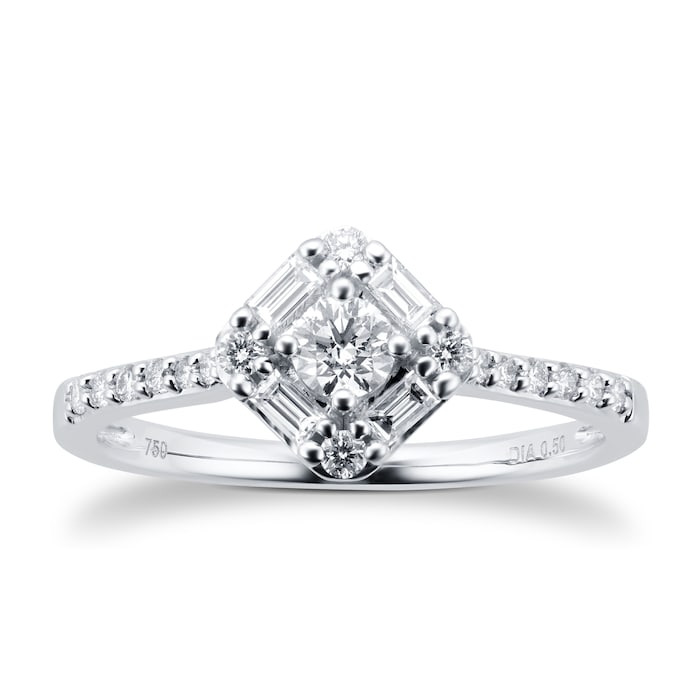 Goldsmiths 18ct White Gold 0.50cttw Diamond Square Cluster Ring - Ring Size H