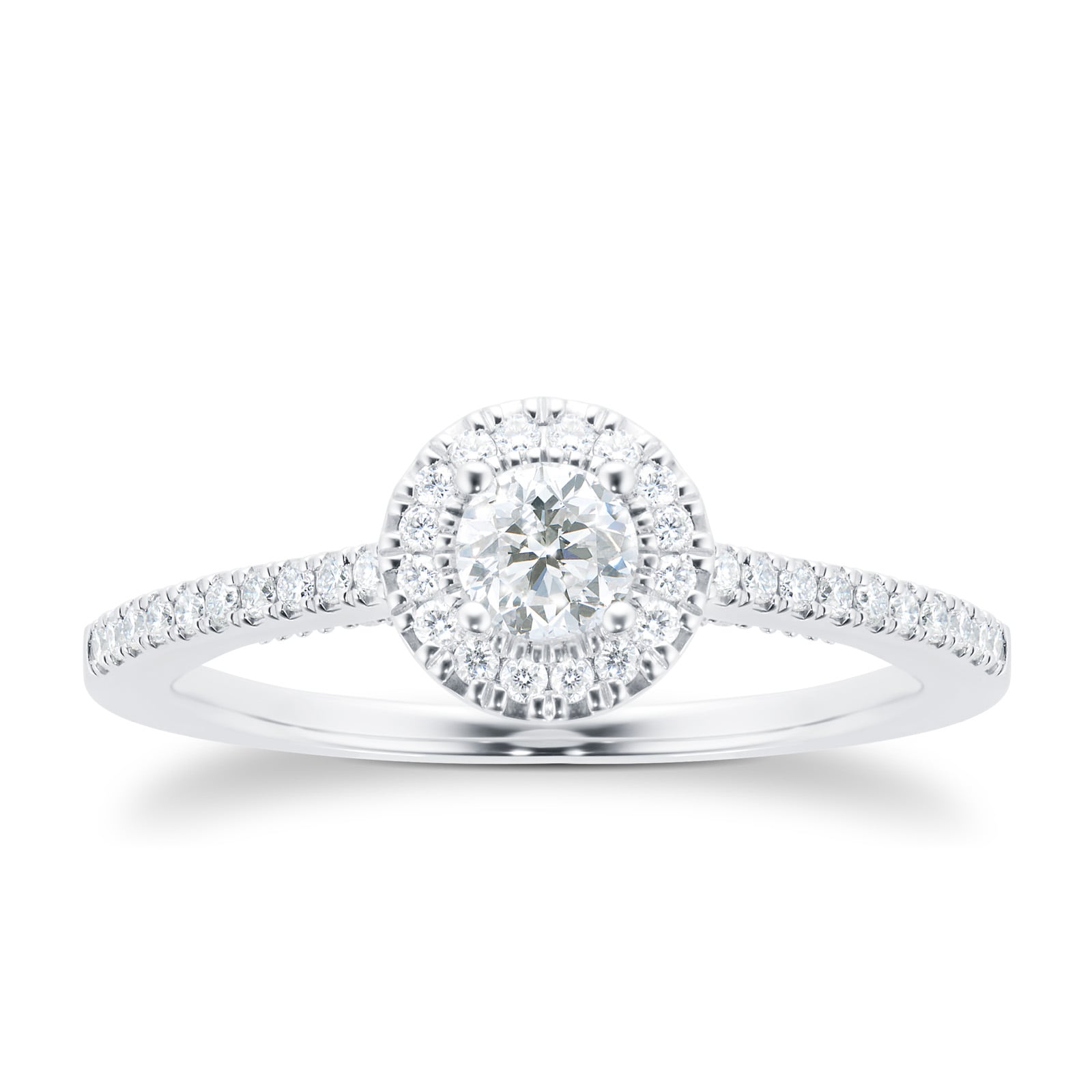 Goldsmiths Platinum 0.50cttw Brilliant Cut Diamond Halo Set Shoulder Engagement Ring- Ring Size M Goldsmiths Platinum 0.50cttw Brilliant Cut Diamond Halo Set Shoulder Engagement Ring- Ring Size M