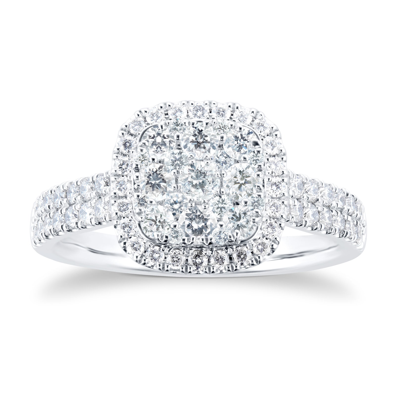 Platinum 1ct Diamond Cluster Engagement Ring with Diamond Shoulders - Ring Size K