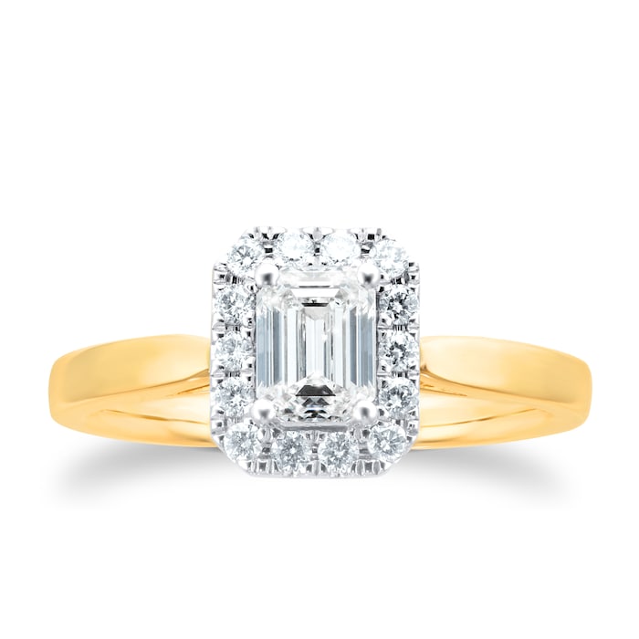 Goldsmiths 18ct Yellow Gold 0.90cttw Diamond Emerald Cut Halo Ring
