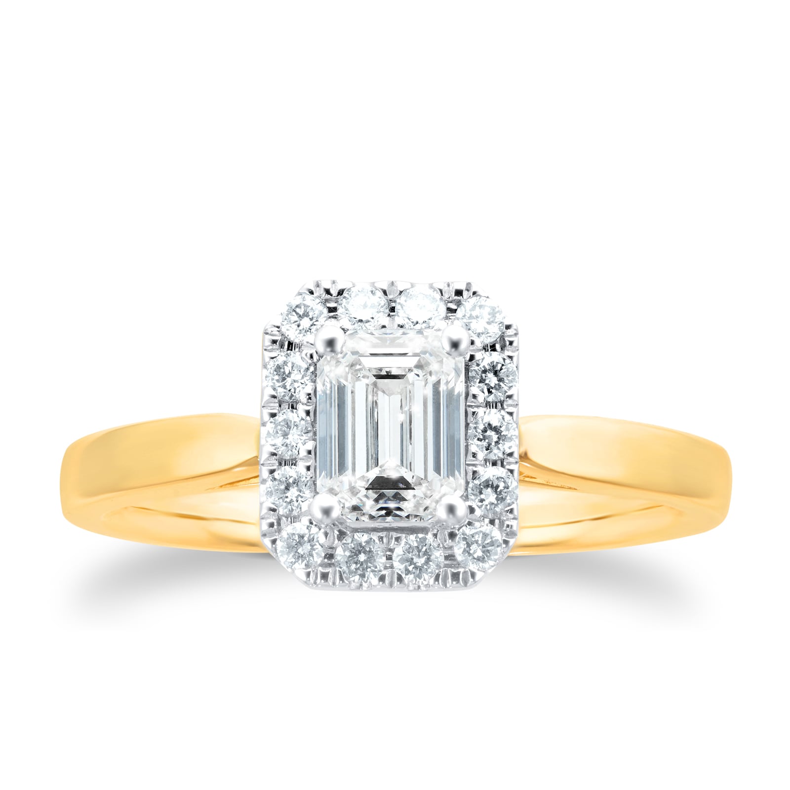 18ct Yellow Gold 0.90cttw Diamond Emerald Cut Halo Ring