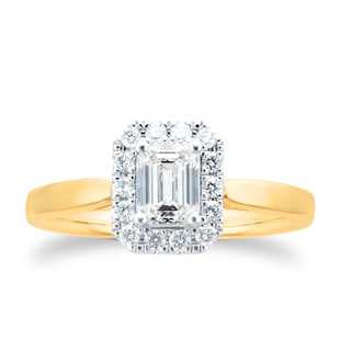Goldsmiths 18ct Yellow Gold 0.90cttw Diamond Emerald Cut Halo Ring