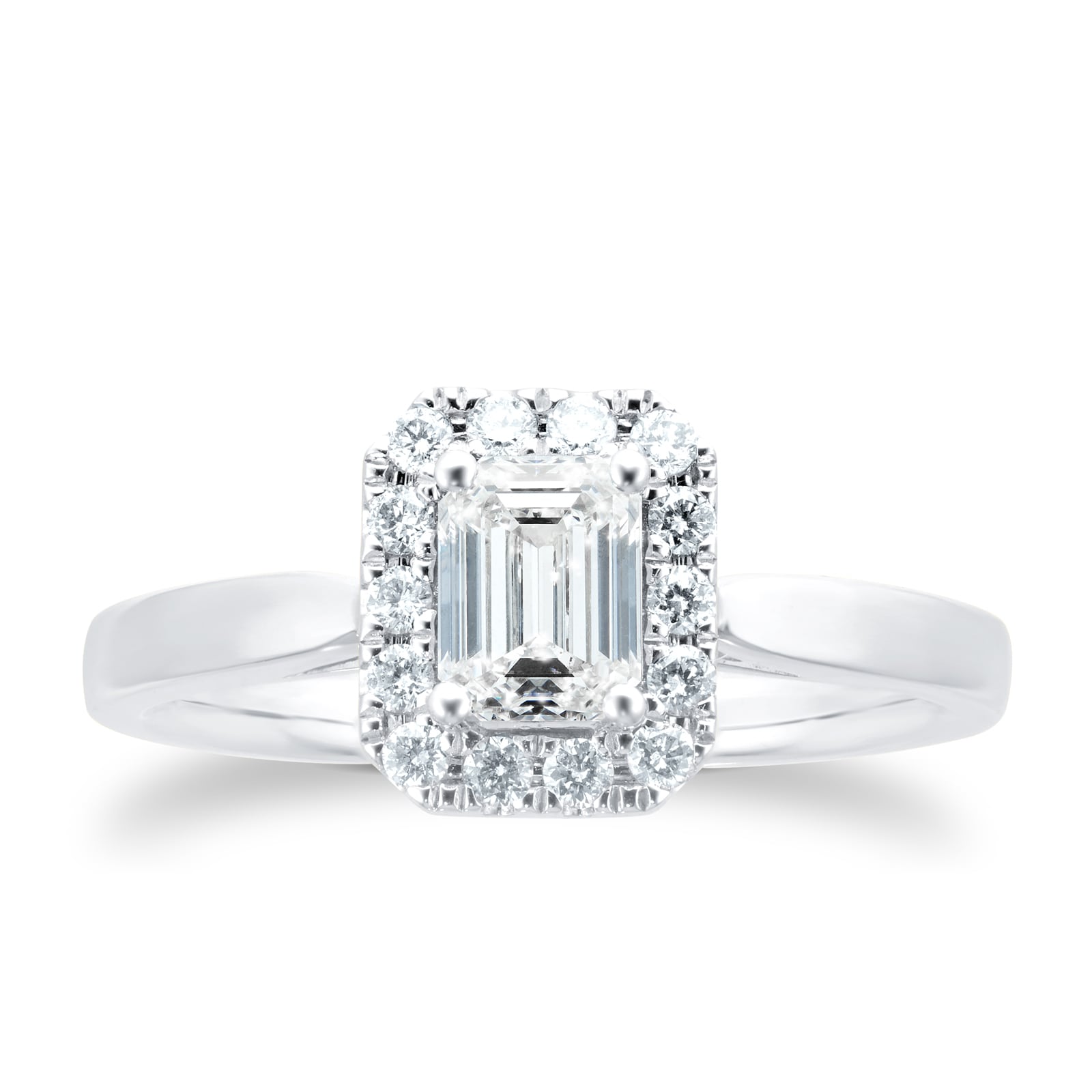 18ct White Gold 0.90cttw Diamond Emerald Cut Halo Ring - Ring Size L