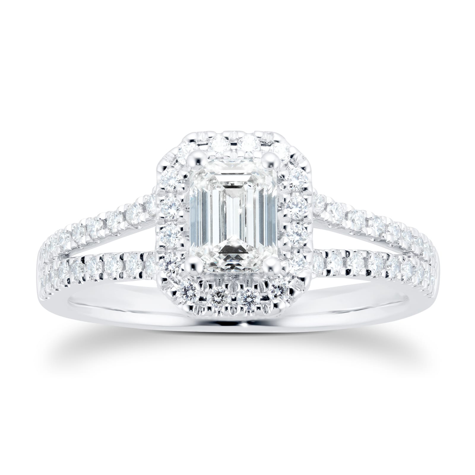 Platinum 1.00cttw Diamond Emerald Cut Halo Ring
