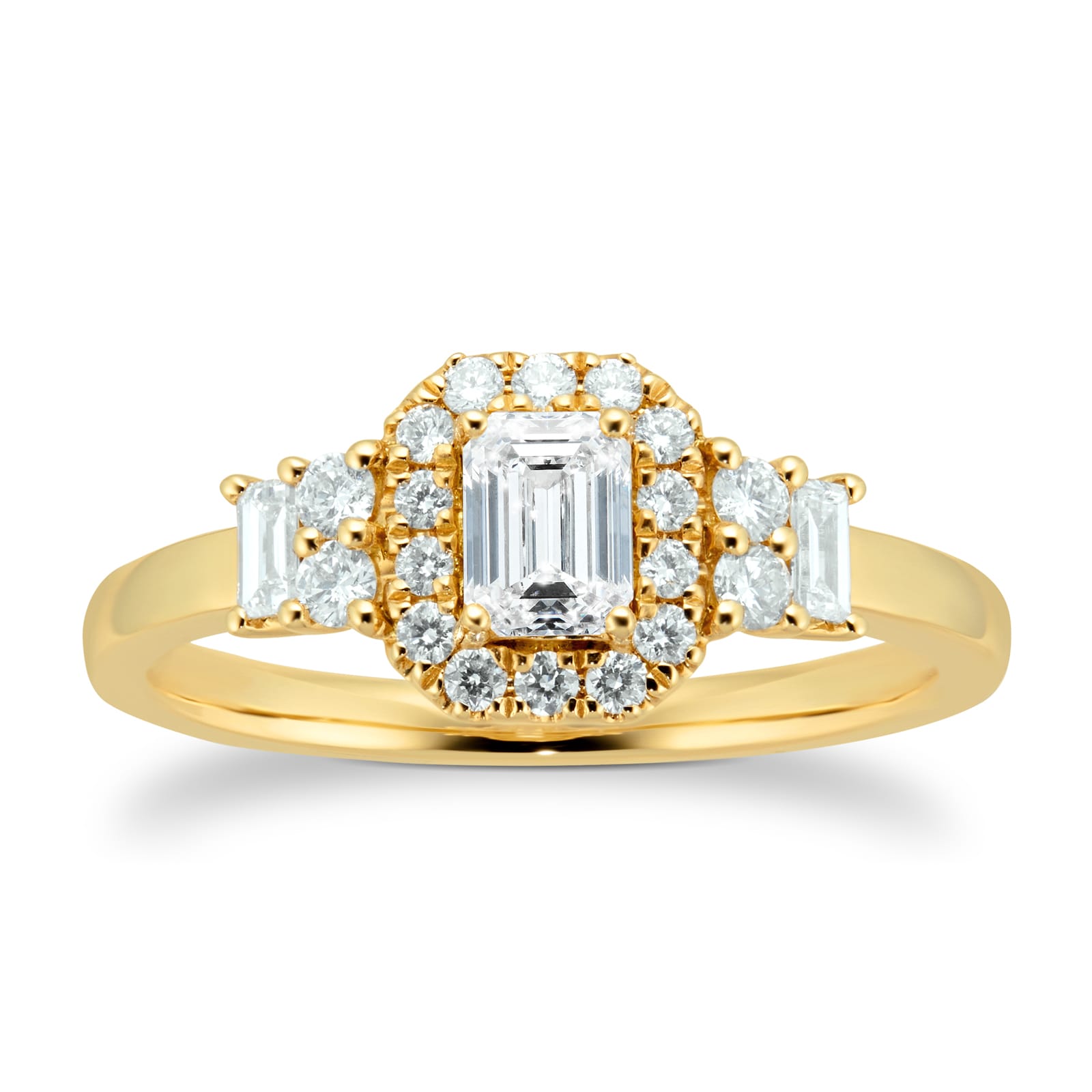 Goldsmiths 18ct Yellow Gold 0.75cttw Diamond Emerald Cut Halo Ring Goldsmiths 18ct Yellow Gold 0.75cttw Diamond Emerald Cut Halo Ring
