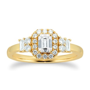 Goldsmiths 18ct Yellow Gold 0.75cttw Diamond Emerald Cut Halo Ring