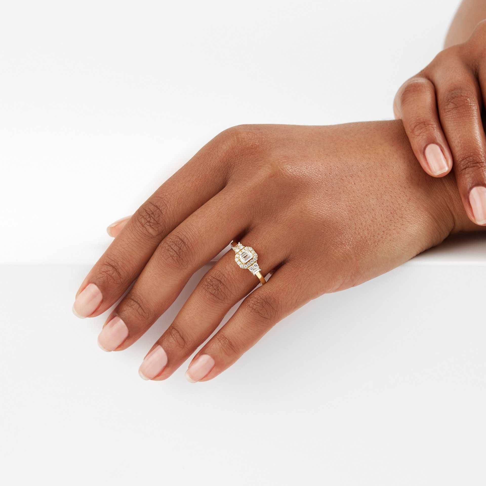 Goldsmiths 18ct Yellow Gold 0.75cttw Diamond Emerald Cut Halo Ring Goldsmiths 18ct Yellow Gold 0.75cttw Diamond Emerald Cut Halo Ring