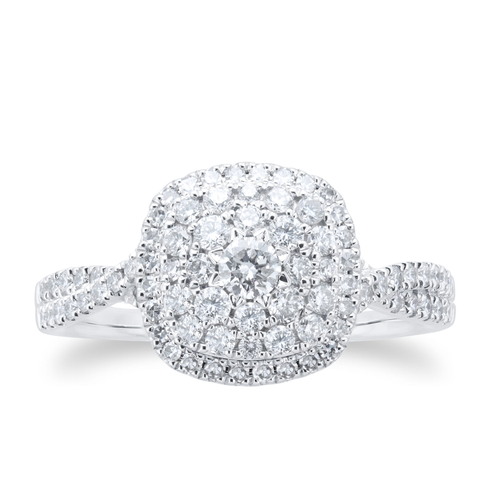 18ct White Gold Cushion Diamond Cluster Engagement Ring - Ring Size K