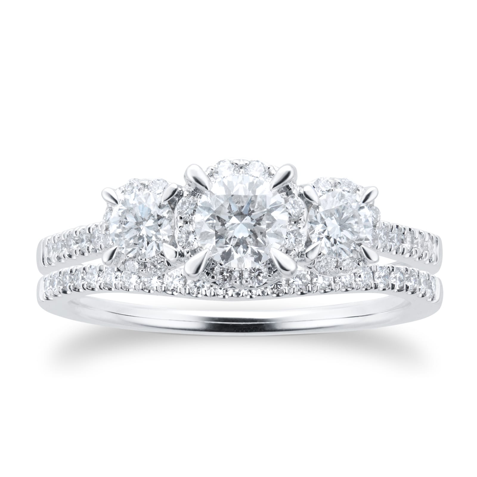 Goldsmiths 18ct White Gold Three Stone Halo Diamond Bridal Set Ring