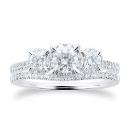 06019131 - 18ct White Gold Three Stone Halo Diamond Bridal Set Ring