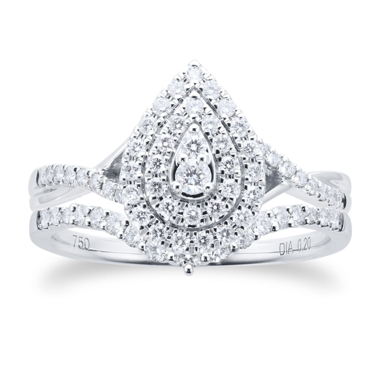 18ct White Gold Pear Diamond Bridal Set Ring - Ring Size P