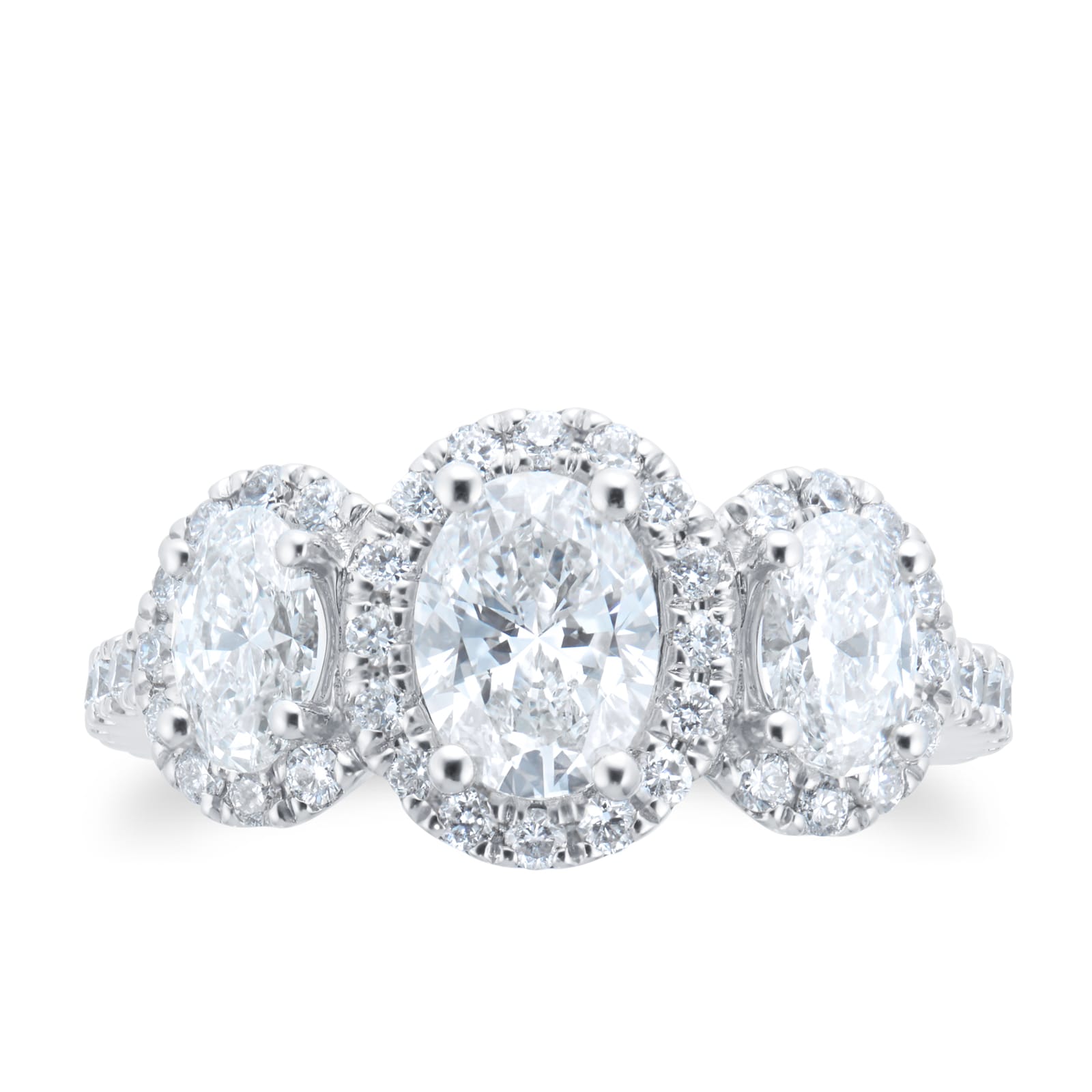Mappin & Webb Amelia Platinum 2.00cttw Oval Cut Diamond Halo Three Stone Ring Mappin & Webb Amelia Platinum 2.00cttw Oval Cut Diamond Halo Three Stone Ring