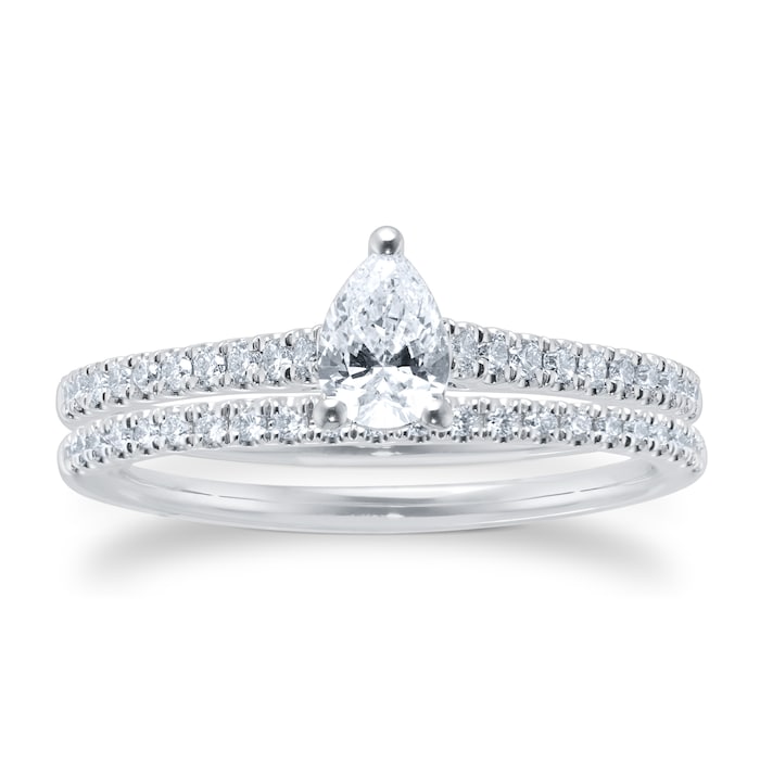 Goldsmiths Platinum 0.66ct Diamond Pear Cut Solitaire Bridal Set