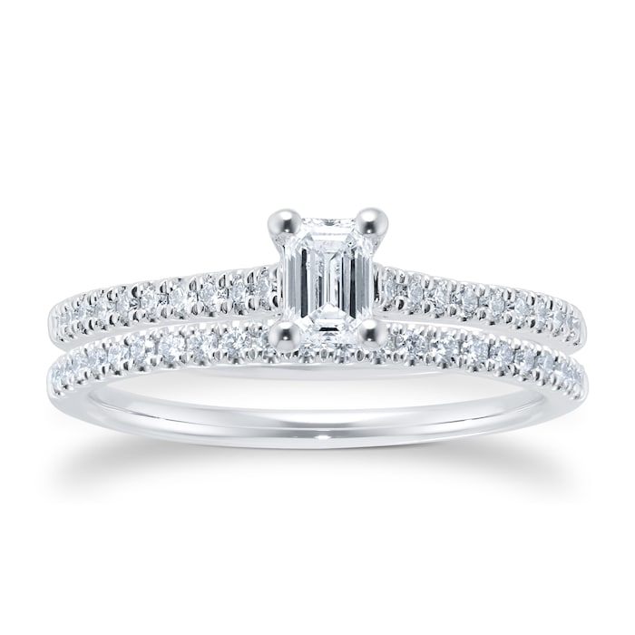 Goldsmiths Platinum 0.66ct Diamond Emerald Cut Solitaire Bridal Set