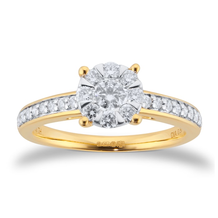 Goldsmiths 18ct Yellow Gold 0.50cttw Diamond Cluster Engagement Ring with Set Shoulders