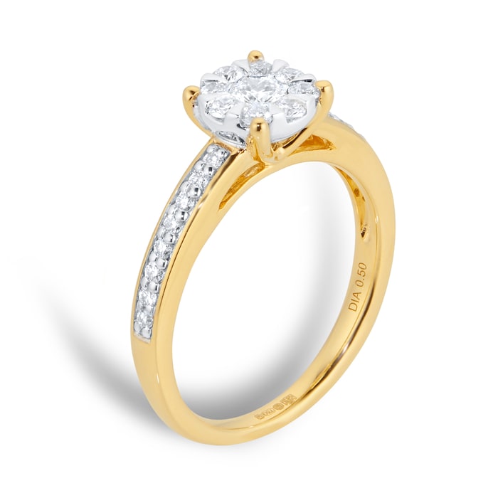 Goldsmiths 18ct Yellow Gold 0.50cttw Diamond Cluster Engagement Ring with Set Shoulders