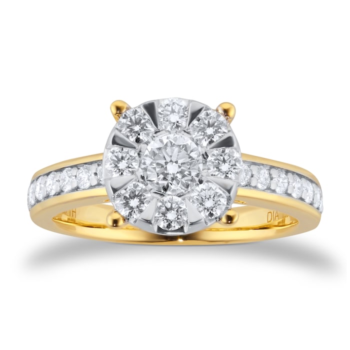 Goldsmiths 18ct Yellow Gold 1.00cttw Diamond Cluster Engagement Ring with Set Shoulders