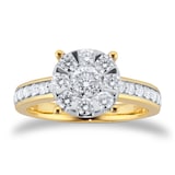 Goldsmiths 18ct Yellow Gold 1.00cttw Diamond Cluster Engagement Ring with Set Shoulders