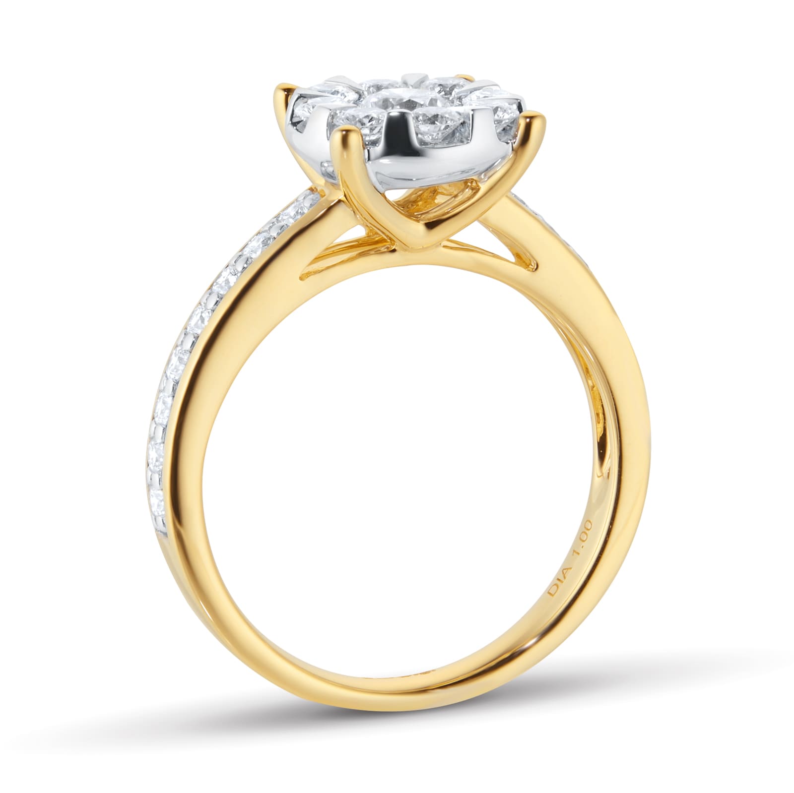 Goldsmiths 18ct Yellow Gold 1.00cttw Diamond Cluster Engagement Ring with Set Shoulders Goldsmiths 18ct Yellow Gold 1.00cttw Diamond Cluster Engagement Ring with Set Shoulders