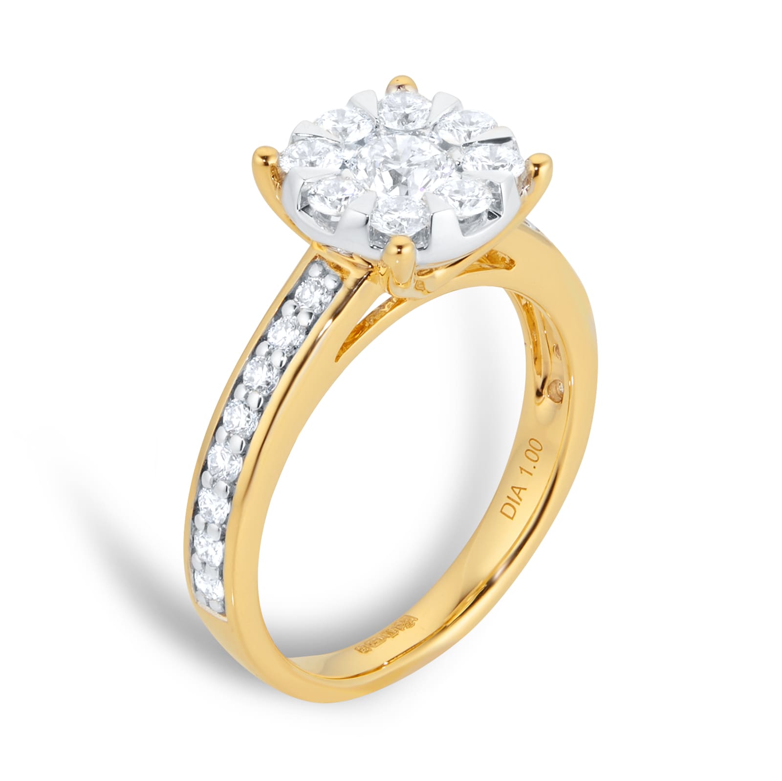 Goldsmiths 18ct Yellow Gold 1.00cttw Diamond Cluster Engagement Ring with Set Shoulders Goldsmiths 18ct Yellow Gold 1.00cttw Diamond Cluster Engagement Ring with Set Shoulders