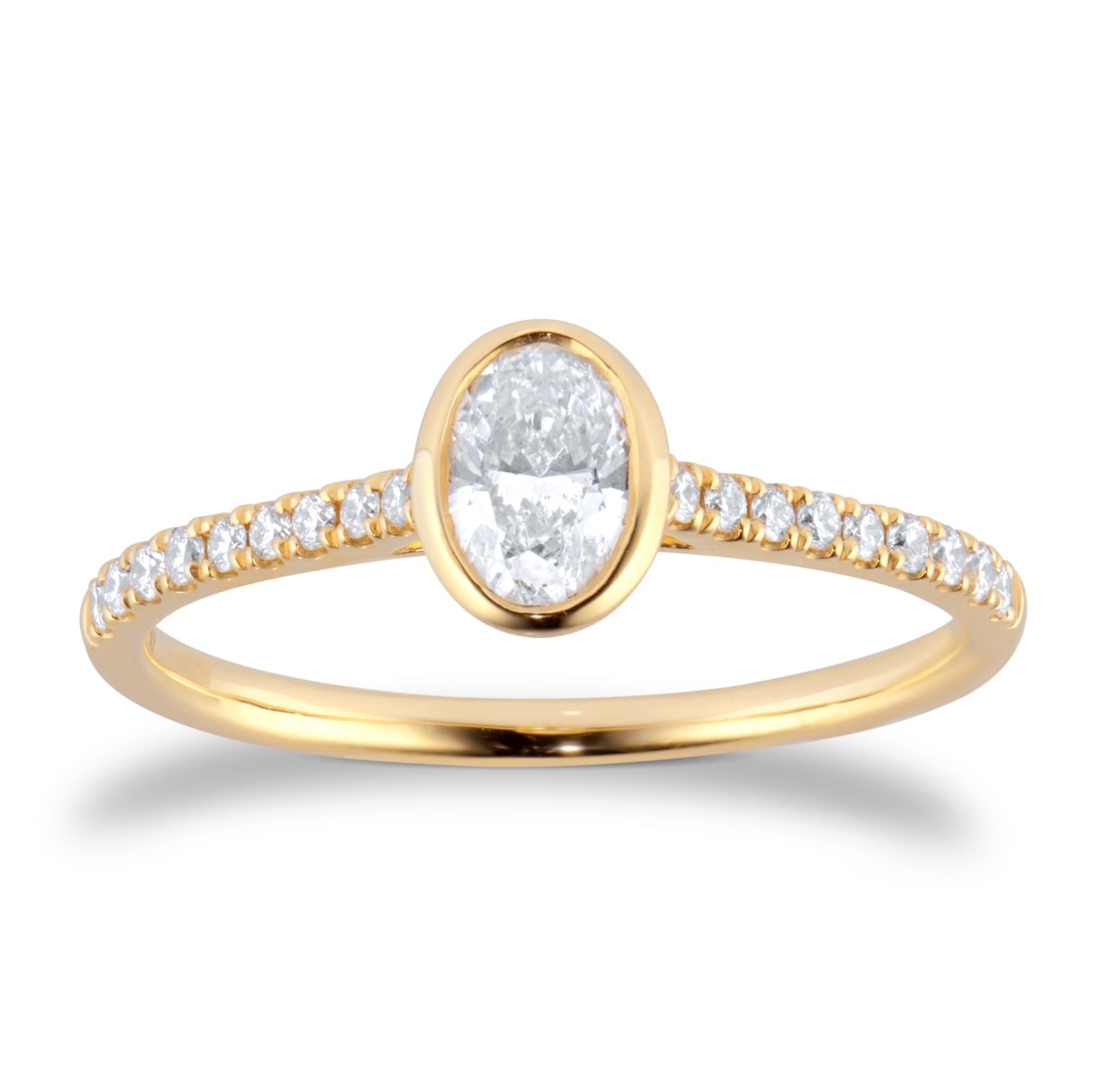 Goldsmiths 18ct Yellow Gold 0.53cttw Diamond Set Shoulder and Bezel Set Oval Cut Solitaire Engagement Ring Goldsmiths 18ct Yellow Gold 0.53cttw Diamond Set Shoulder and Bezel Set Oval Cut Solitaire Engagement Ring