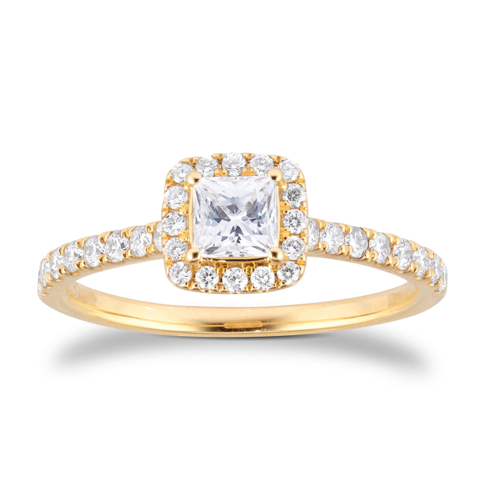 18ct Yellow Gold 0.80cttw Princess Cut Diamond Halo Engagement Ring - Ring Size M