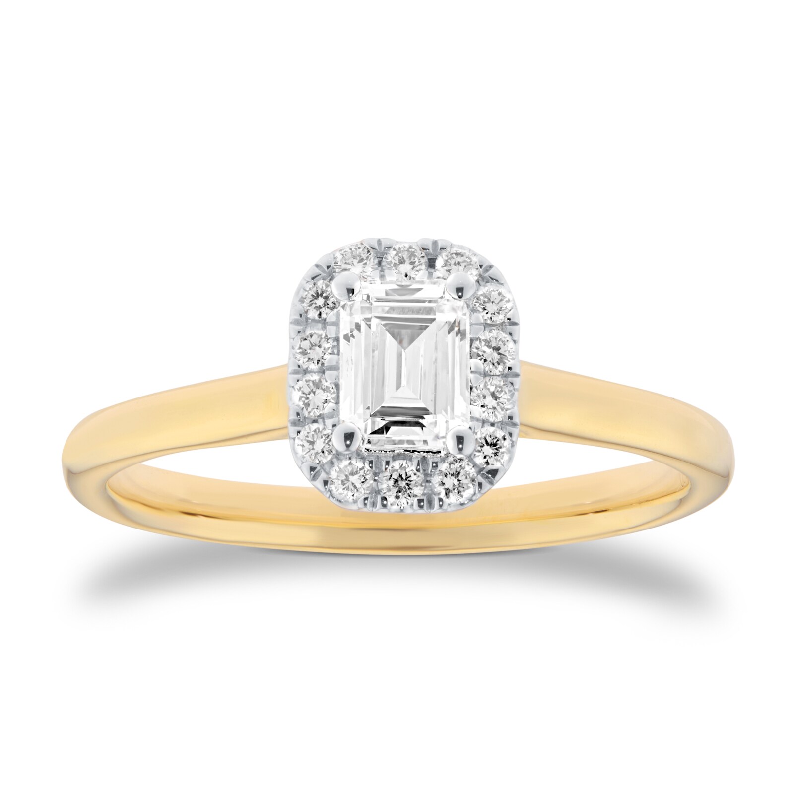 Goldsmiths 18ct Yellow Gold and White Gold 0.60cttw Emerald Cut Diamond Halo Engagement Ring