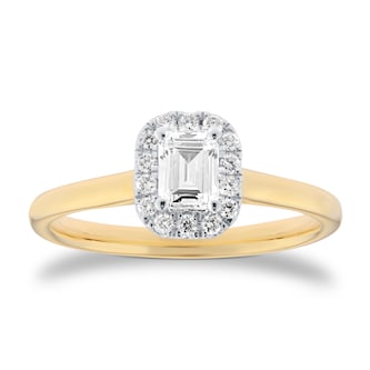 Goldsmiths 18ct Yellow Gold and White Gold 0.60cttw Emerald Cut Diamond Halo Engagement Ring Goldsmiths 18ct Yellow Gold and White Gold 0.60cttw Emerald Cut Diamond Halo Engagement Ring