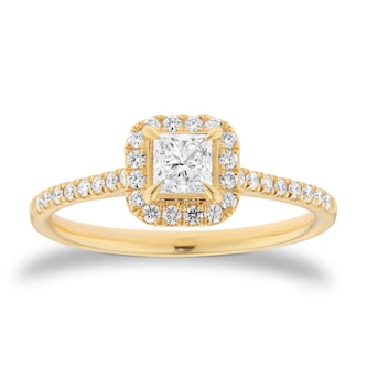 Goldsmiths 18ct Yellow Gold 0.60cttw Princess Cut Diamond Halo Engagement Ring