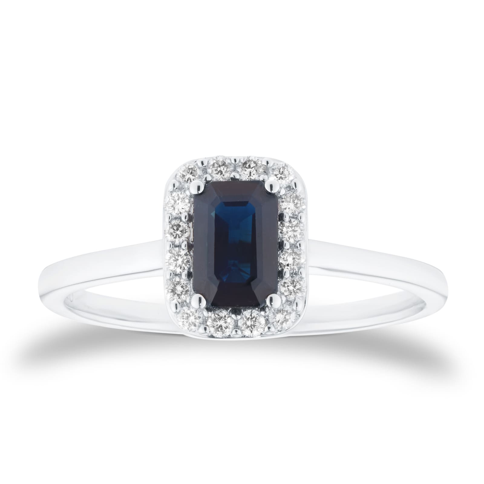 Mappin & Webb 18ct White Gold Emerald Cut Sapphire & 0.12cttw Diamond Halo Ring Mappin & Webb 18ct White Gold Emerald Cut Sapphire & 0.12cttw Diamond Halo Ring