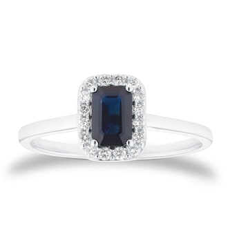 Mappin & Webb 18ct White Gold Emerald Cut Sapphire & 0.12cttw Diamond Halo Ring Mappin & Webb 18ct White Gold Emerald Cut Sapphire & 0.12cttw Diamond Halo Ring