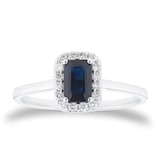 Mappin & Webb 18ct White Gold Emerald Cut Sapphire & 0.12cttw Diamond Halo Ring