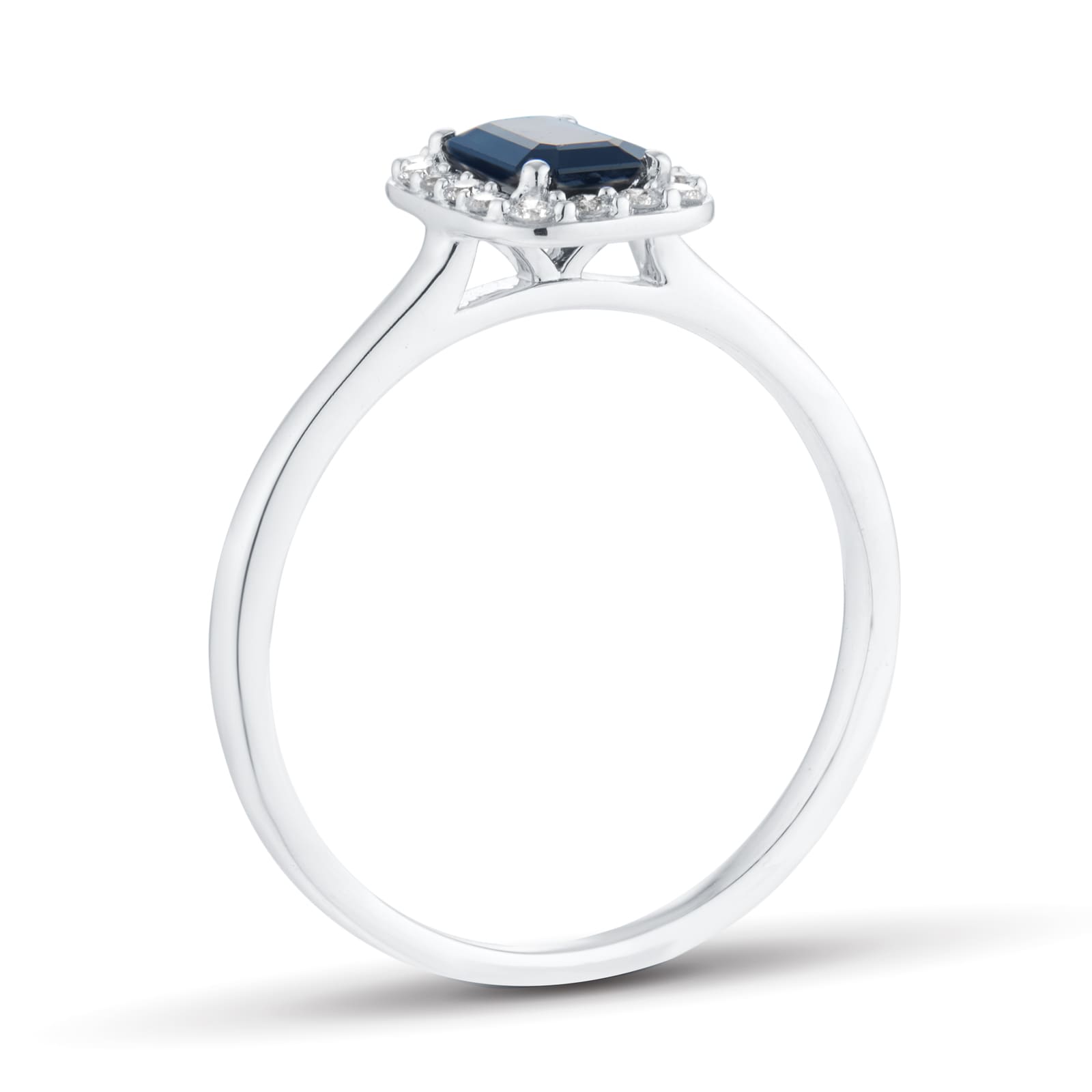 Mappin & Webb 18ct White Gold Emerald Cut Sapphire & 0.12cttw Diamond Halo Ring