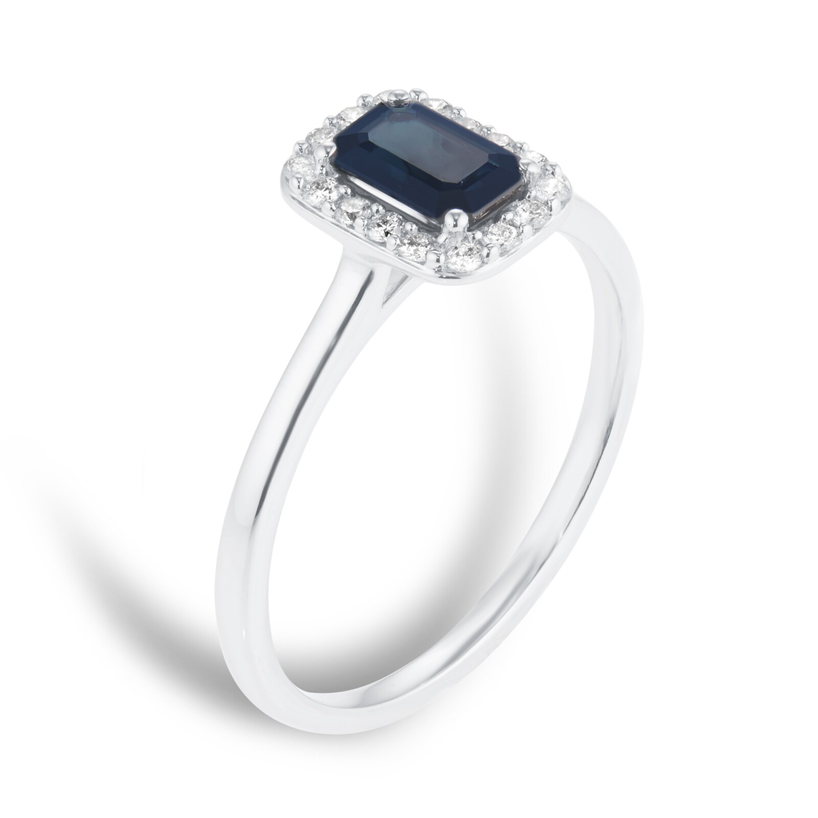 Mappin & Webb 18ct White Gold Emerald Cut Sapphire & 0.12cttw Diamond Halo Ring
