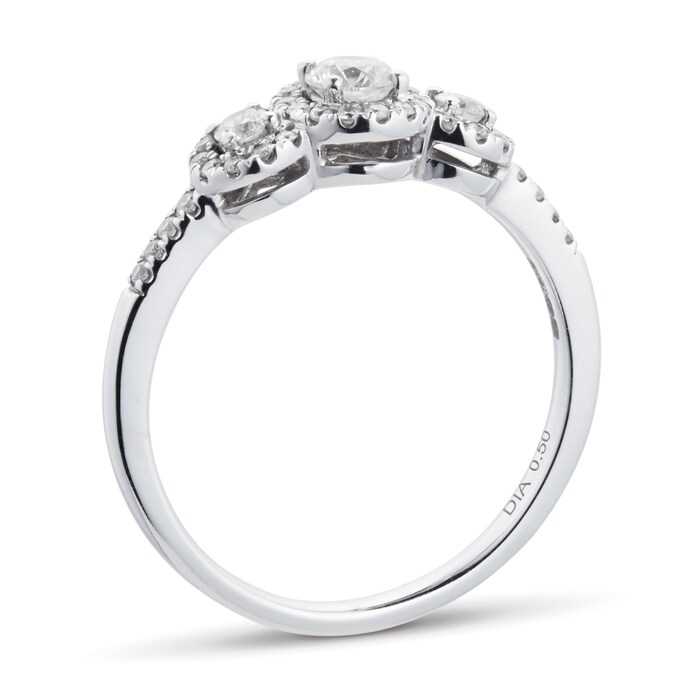 Goldsmiths 18ct White Gold Halo Brilliant Cut Three Stone 0.50ct Diamond Ring