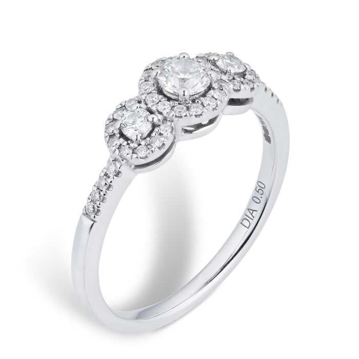 Goldsmiths 18ct White Gold Halo Brilliant Cut Three Stone 0.50ct Diamond Ring