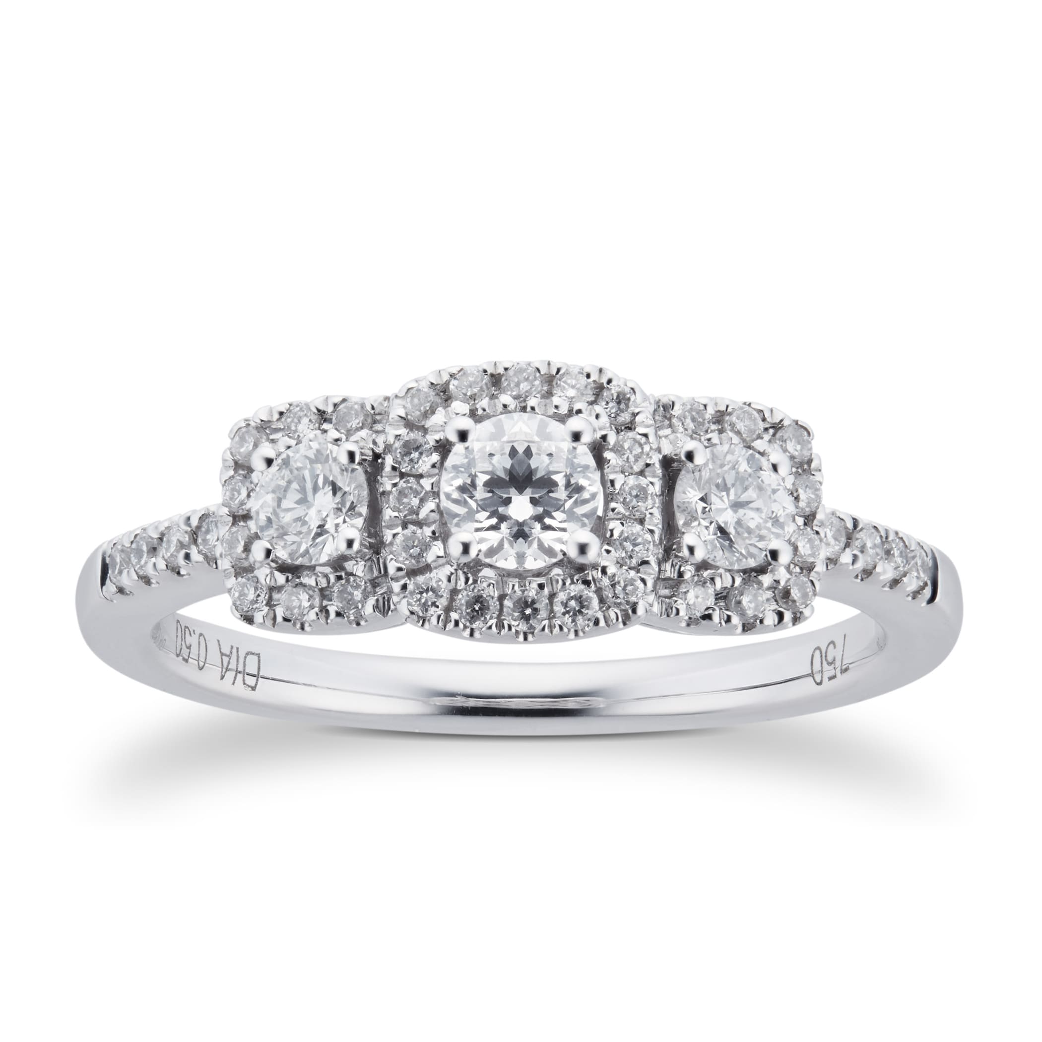 Goldsmiths 18ct White Gold Halo Cushion Three Stone 0.50ct Diamond Ring