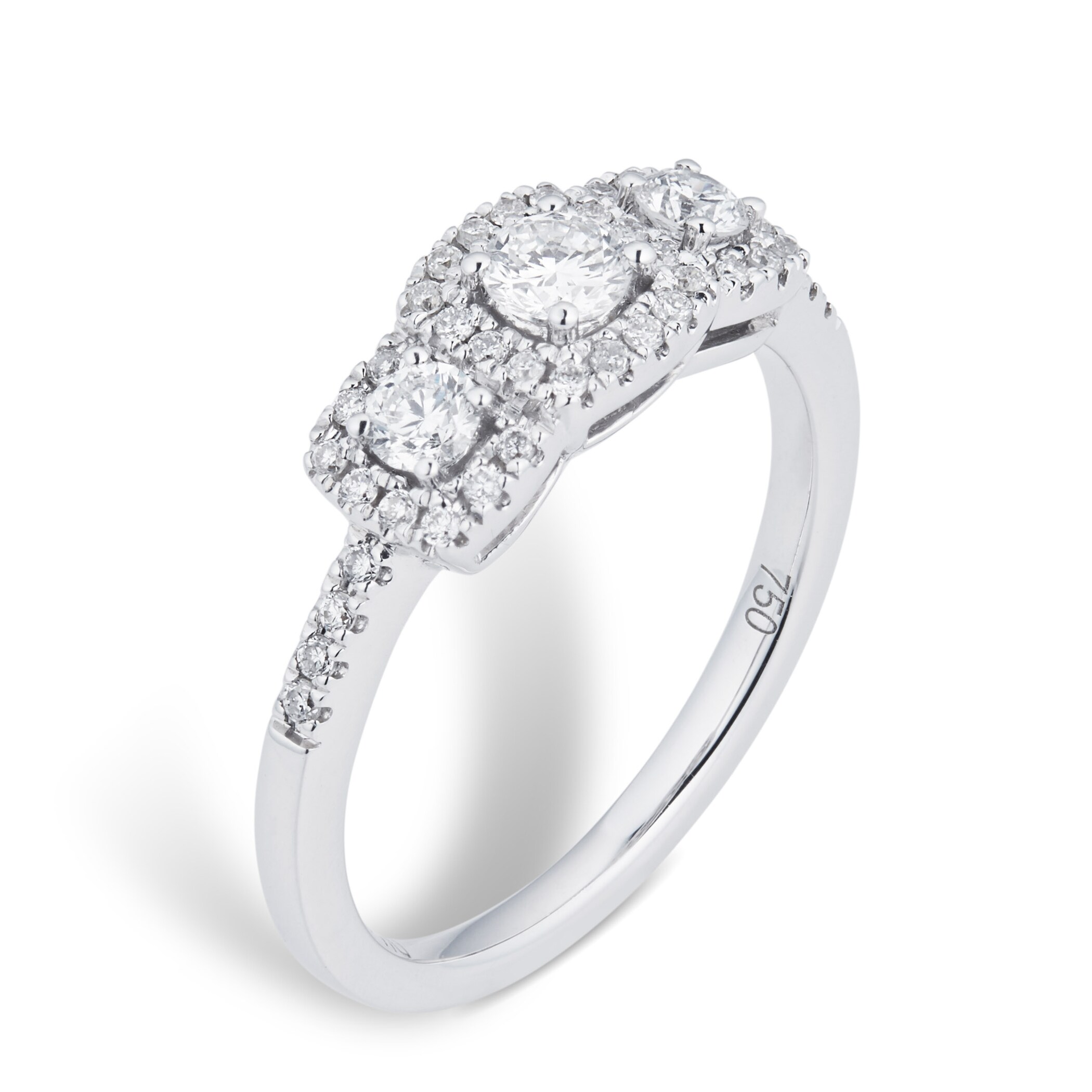 Goldsmiths 18ct White Gold Halo Cushion Three Stone 0.50ct Diamond Ring