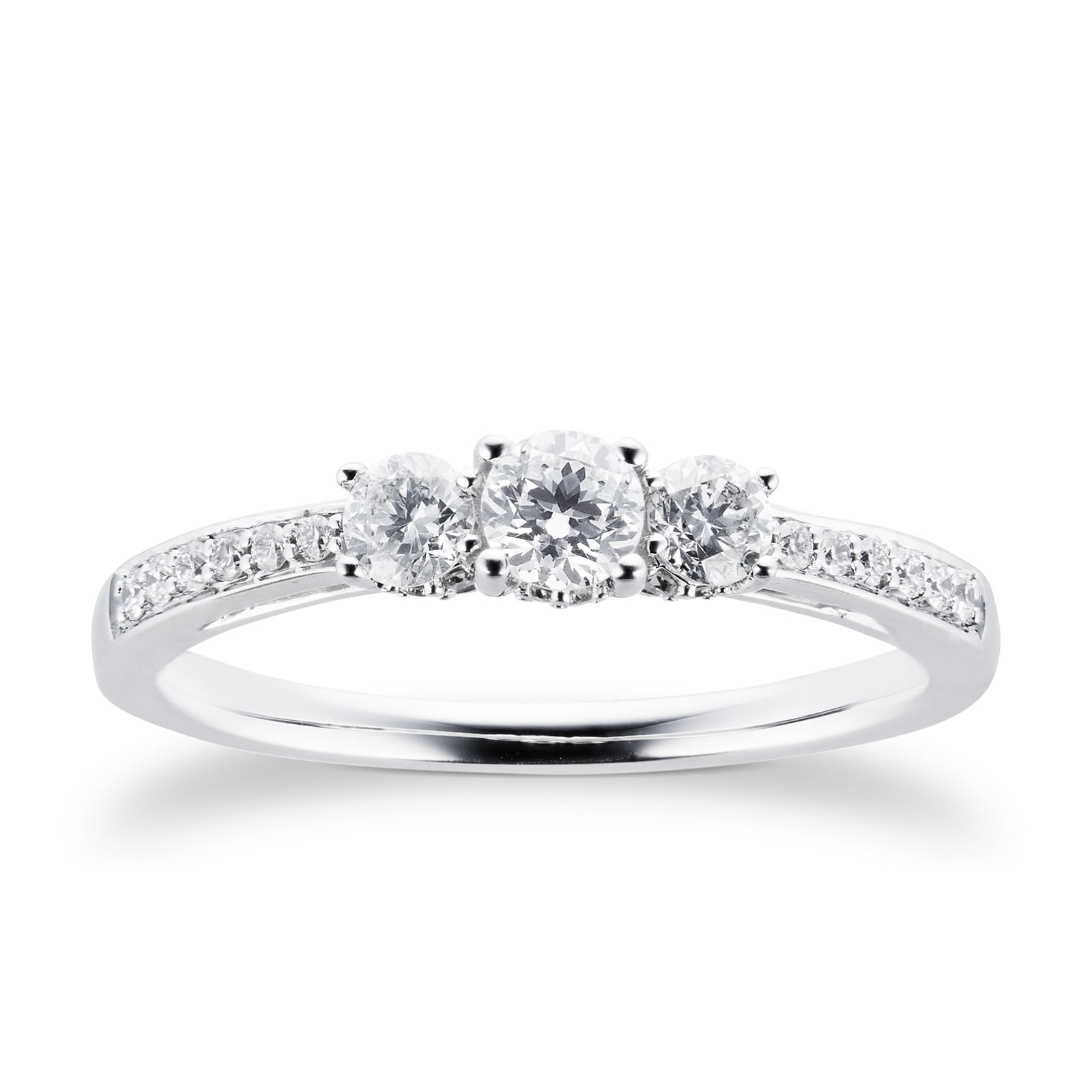 Goldsmiths 18ct White Gold 0.50 Carat Three Stone 88 Facet Diamond Ring Goldsmiths 18ct White Gold 0.50 Carat Three Stone 88 Facet Diamond Ring