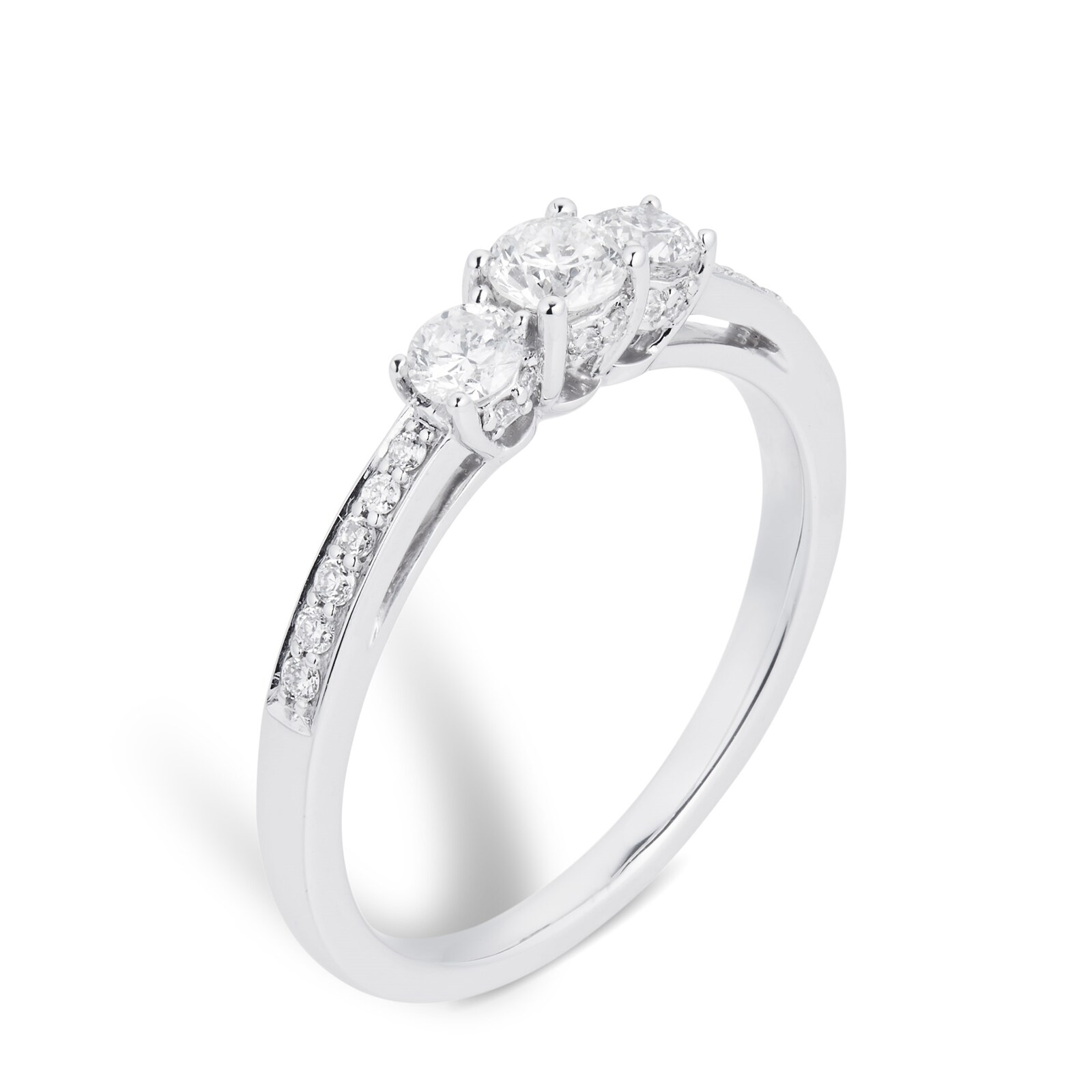 Goldsmiths 18ct White Gold 0.50 Carat Three Stone 88 Facet Diamond Ring Goldsmiths 18ct White Gold 0.50 Carat Three Stone 88 Facet Diamond Ring