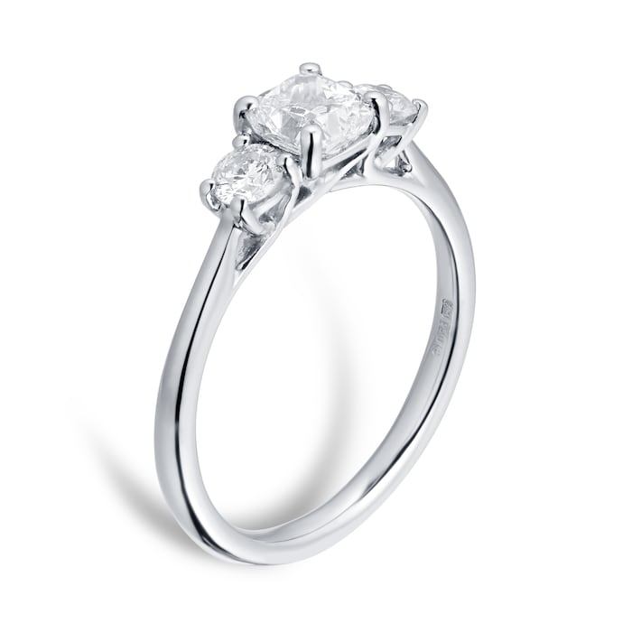 Goldsmiths Platinum 1cttw Cushion & Round Cut Diamond 3 Stone Ring