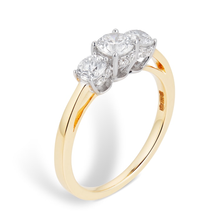 Goldsmiths 18ct Yellow Gold 1.00 Carat Three Stone 88 Facet Diamond Ring