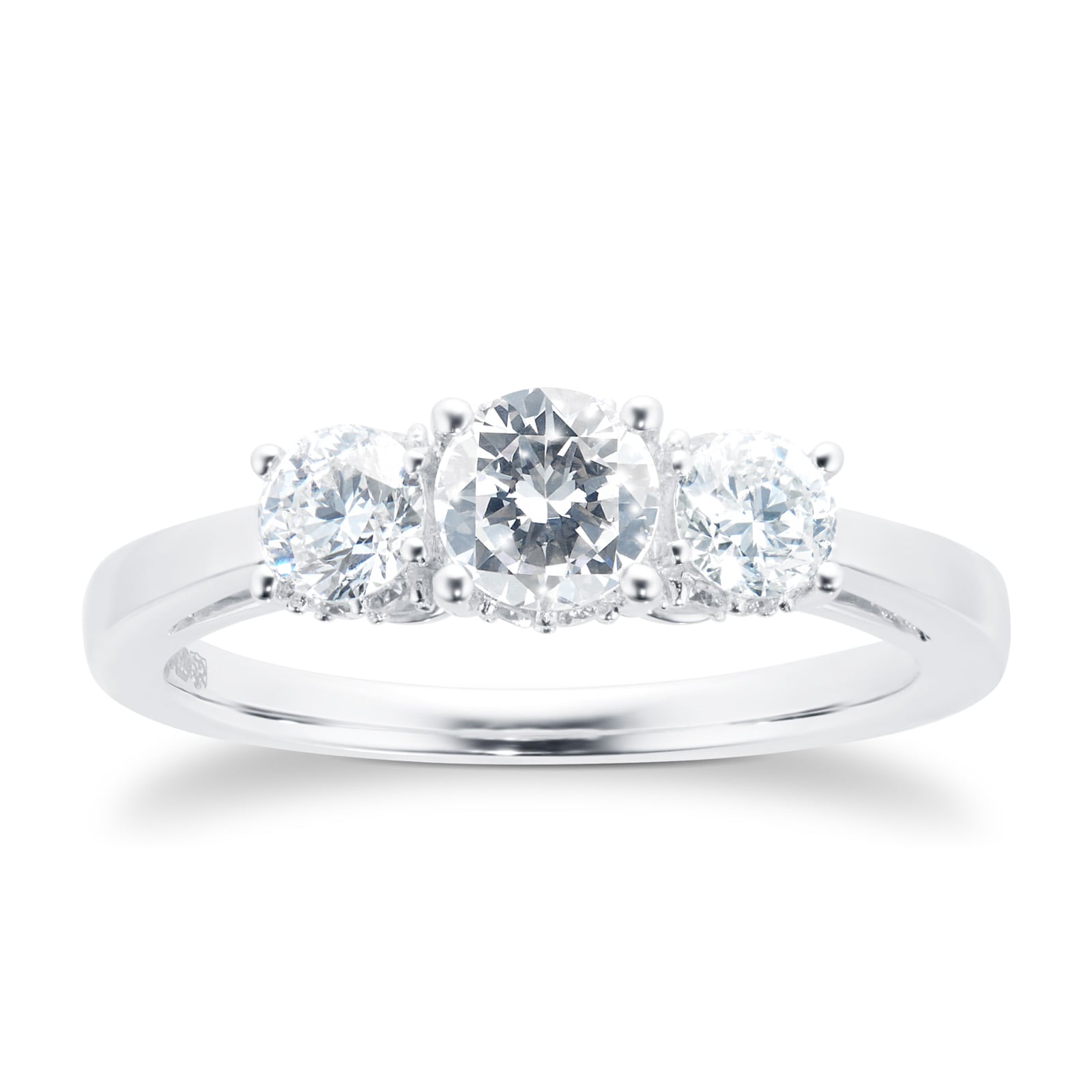 Goldsmiths 18ct White Gold 1.00 Carat Three Stone 88 Facet Diamond Ring Goldsmiths 18ct White Gold 1.00 Carat Three Stone 88 Facet Diamond Ring