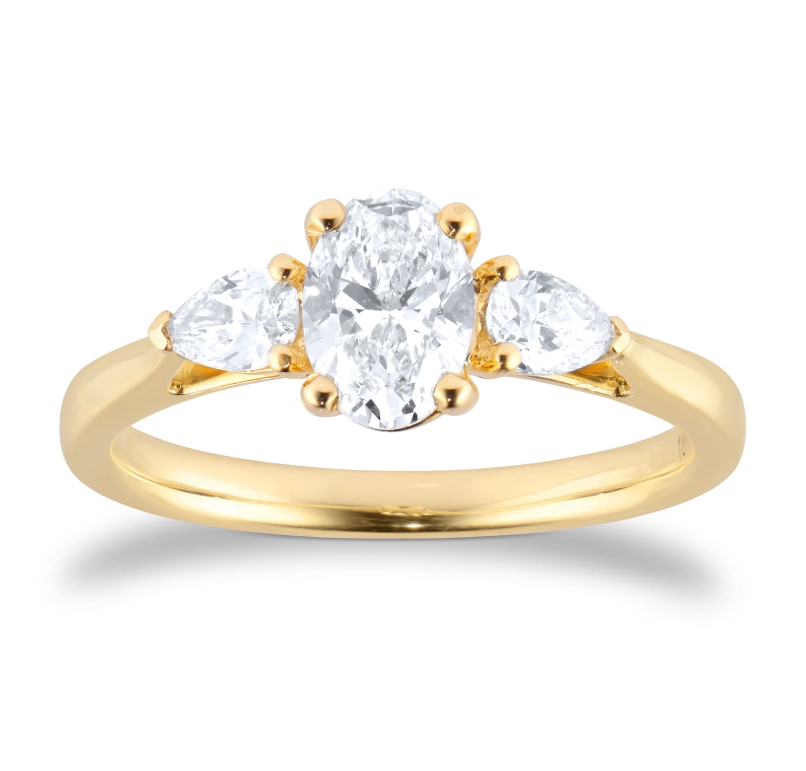 Goldsmiths 18ct Yellow Gold 1.00cttw Oval Cut and Pear Cut Diamond Three Stone Engagement Ring Goldsmiths 18ct Yellow Gold 1.00cttw Oval Cut and Pear Cut Diamond Three Stone Engagement Ring