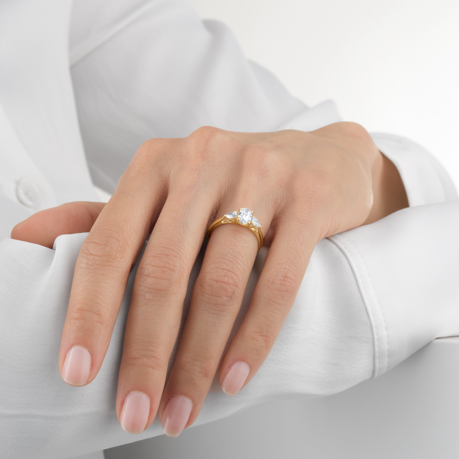 Goldsmiths 18ct Yellow Gold 1.00cttw Oval Cut and Pear Cut Diamond Three Stone Engagement Ring Goldsmiths 18ct Yellow Gold 1.00cttw Oval Cut and Pear Cut Diamond Three Stone Engagement Ring